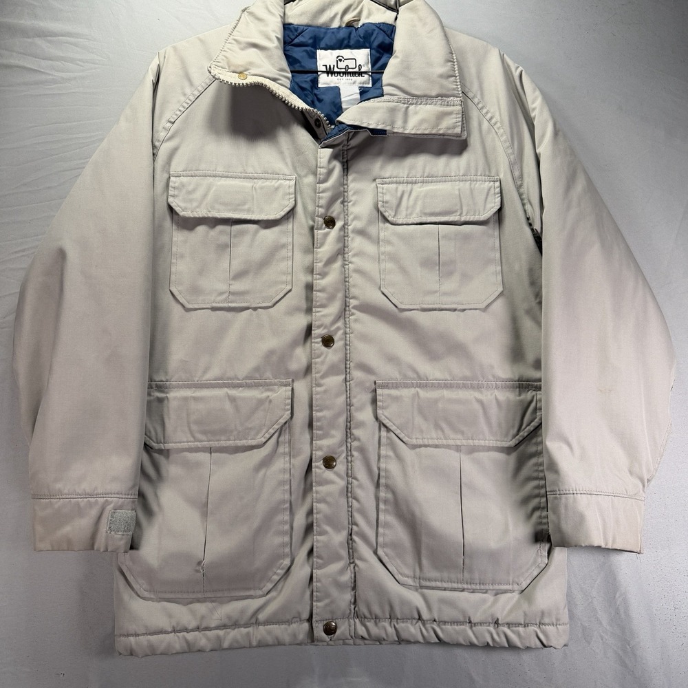 Vintage Woolrich Puffer Chore Jacket Mens Medium Beige Full Zip Olefin 90s
